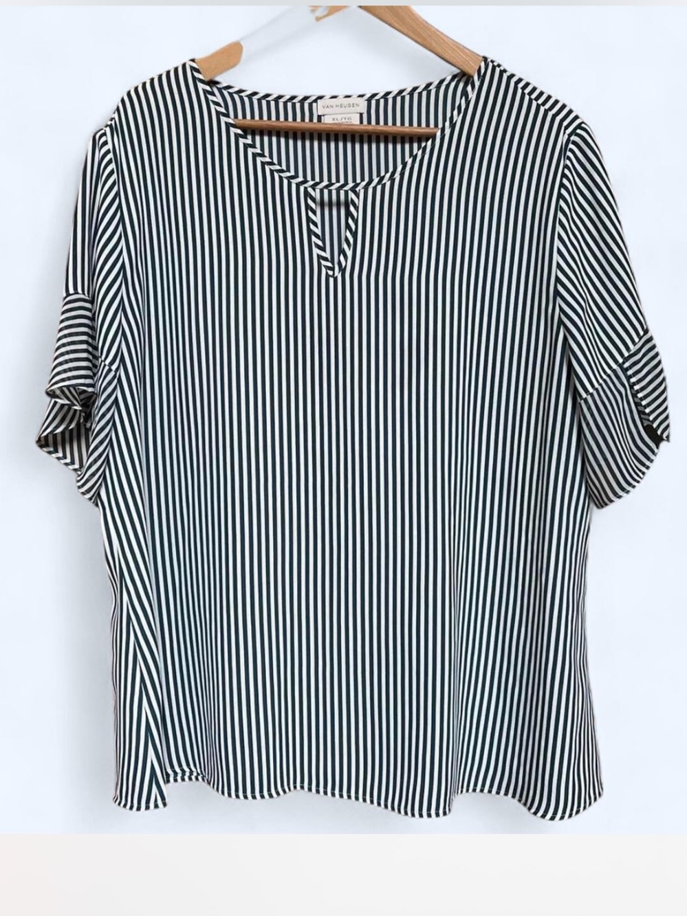 Van Heusen Dark Green & White Striped Short-Sleeve Blouse